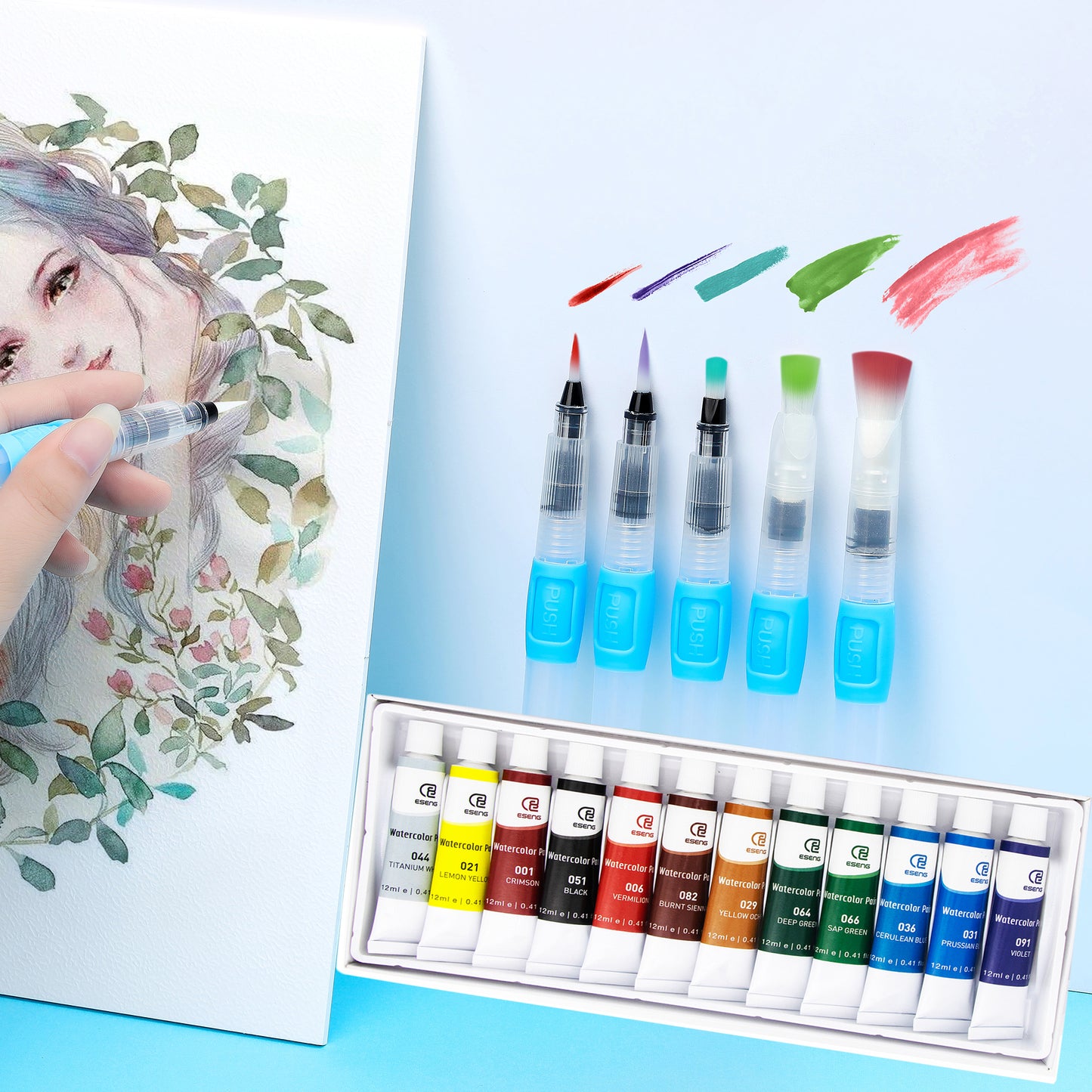 ESENG® Watercolor Paints - 12 Colors + 6 Brushes (Blue)