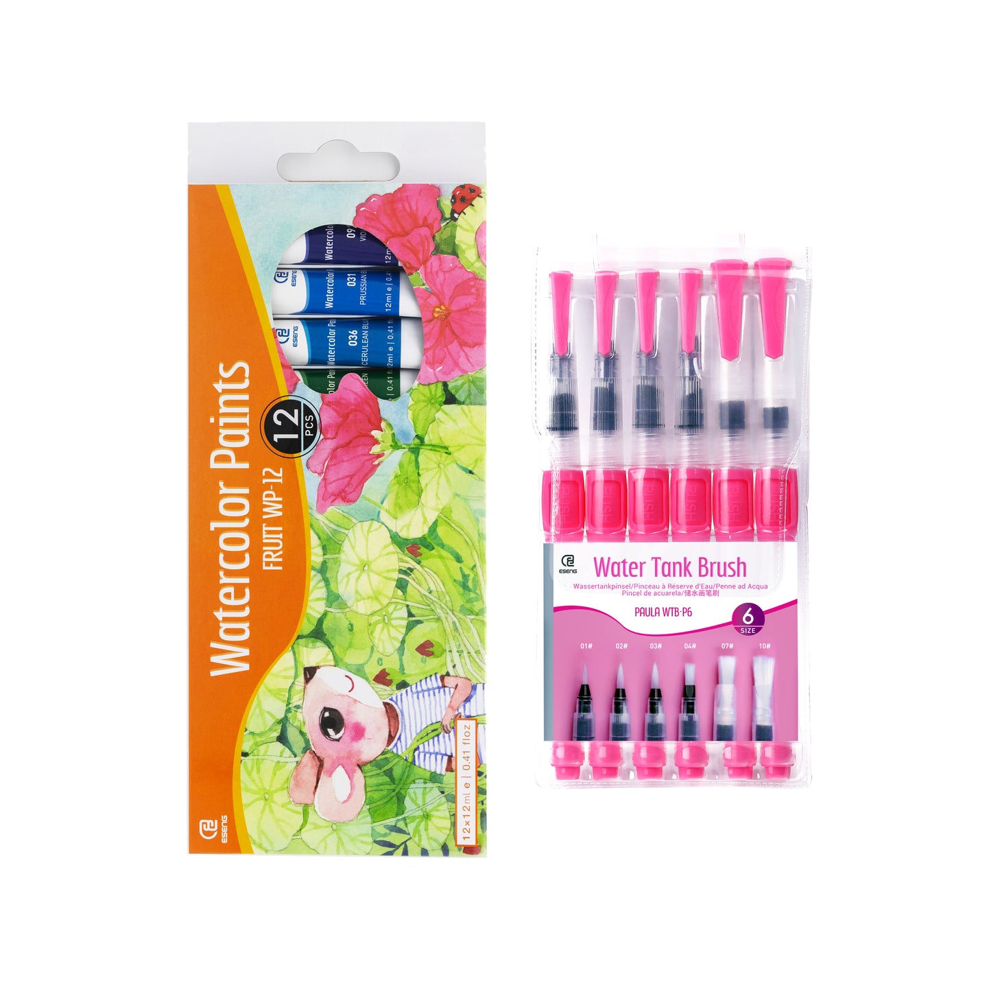 ESENG® Watercolor Paints - 12 Colors + 6 Brushes (Pink)
