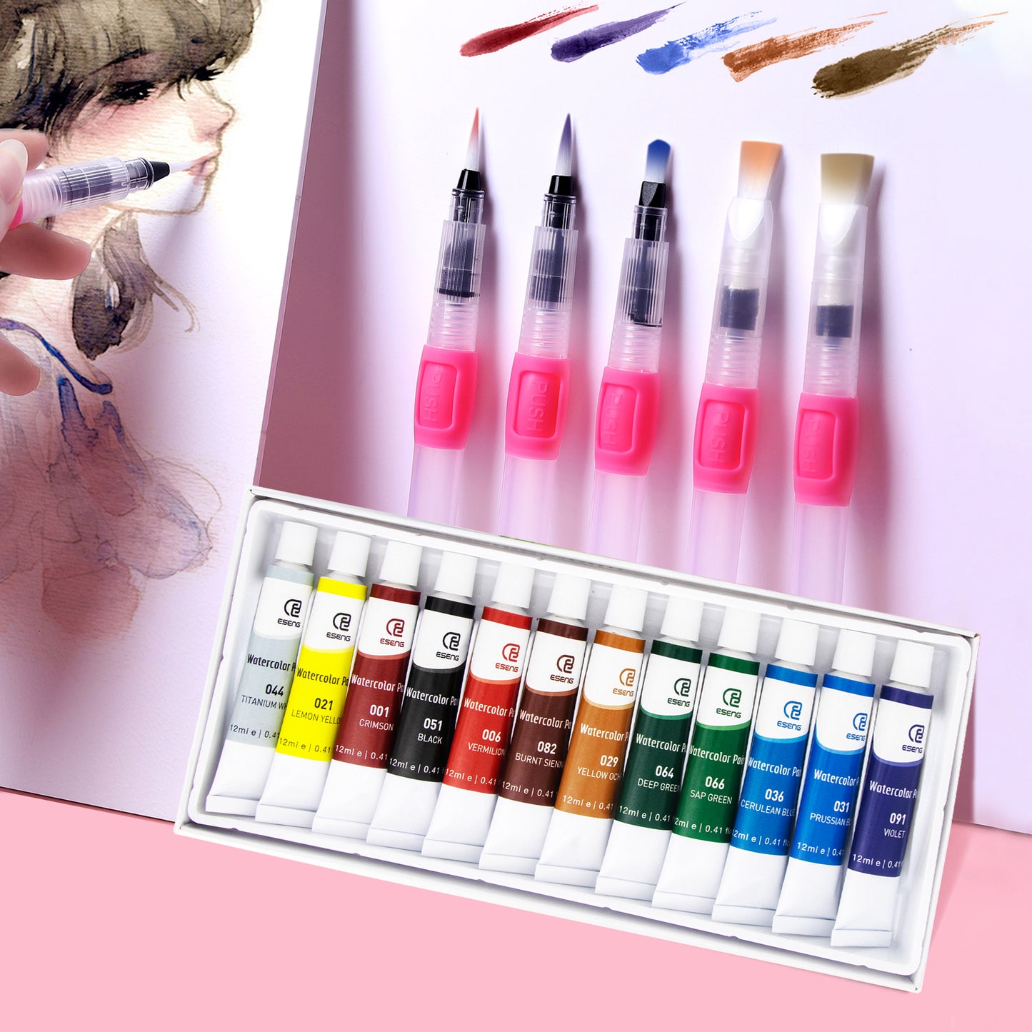 ESENG® Watercolor Paints - 12 Colors + 6 Brushes (Pink)