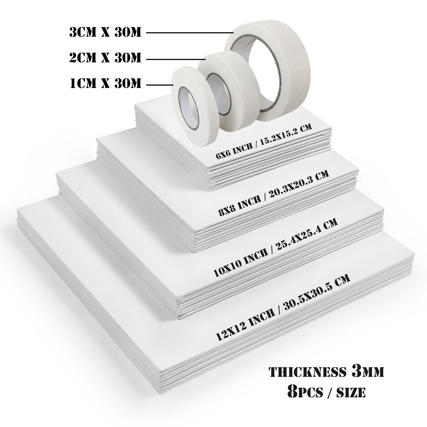 ESENG® Painting Cardboard Set (Mix-1), rectangular, size 5x7｜8x10｜9x12｜11x14 inches, 8 pieces each with 3x30m masking tape
