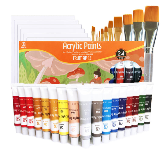 ESENG® Premium Acrylic Paint Set - 24 colors + 10 brushes + 6 canvases 
