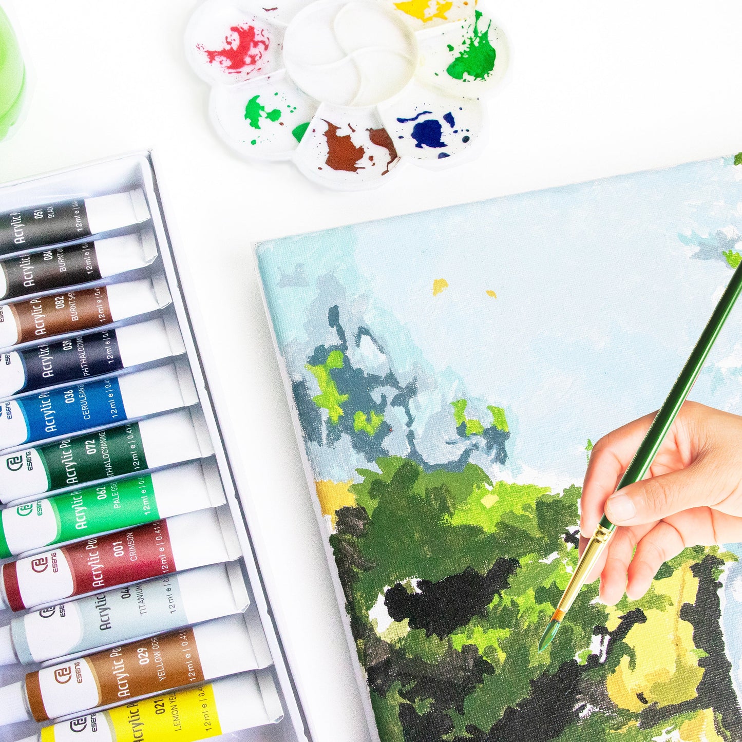ESENG® Premium Acrylic Paint Set - 12 colors + 7 brushes + 3 canvases 