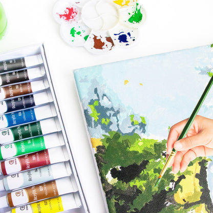 ESENG® Premium Acrylic Paint Set - 12 colors + 7 brushes + 3 canvases 
