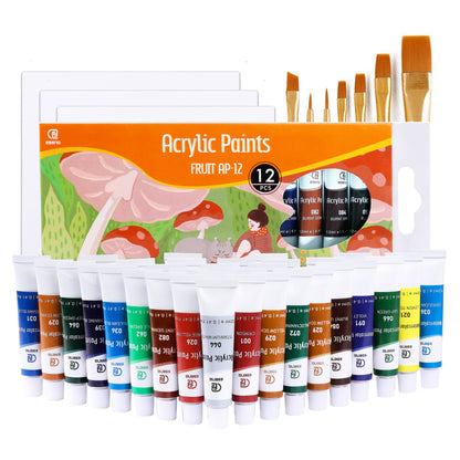 ESENG® Premium Acrylic Paint Set - 12 colors + 7 brushes + 3 canvases 