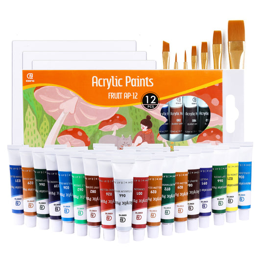 ESENG® Premium Acrylic Paint Set - 12 colors + 7 brushes + 3 canvases 