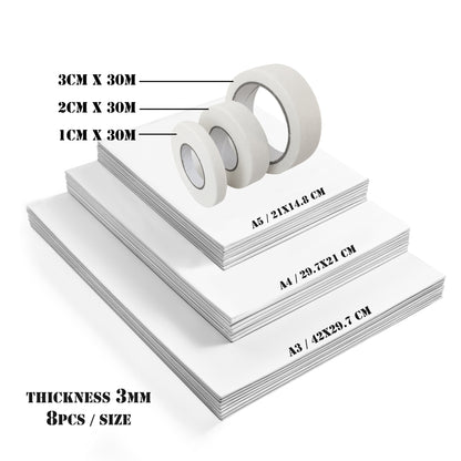 ESENG® Painting Cardboard Set (Mix-1), rectangular, size 5x7｜8x10｜9x12｜11x14 inches, 8 pieces each with 3x30m masking tape