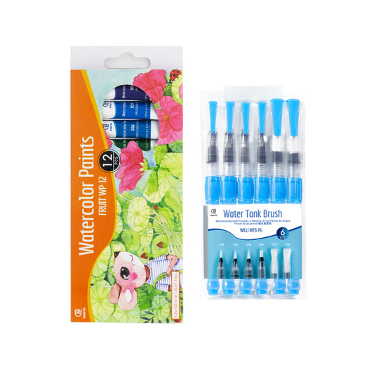 ESENG® Watercolor Paints - 12 Colors + 6 Brushes (Blue) 